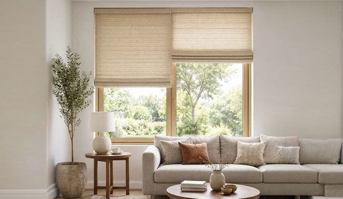 A large wood-framed double window fitted with two woven Roman shades