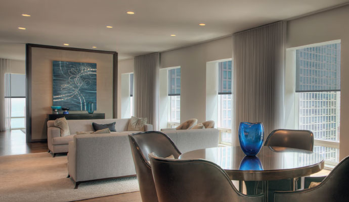 A wide interior view of a luxury apartment living room