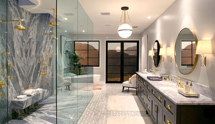 Interior of a modern bathroom with customized light installed