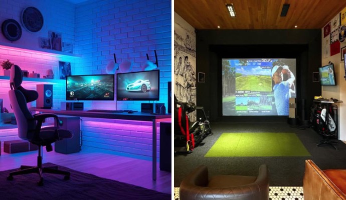 Collage of gaming room and golf simulators