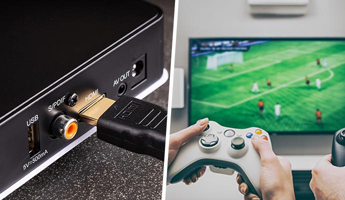 Collage of HDMI cable with gamer using console