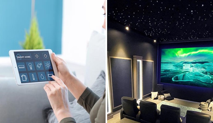 Collage of smart home automation device and home theater