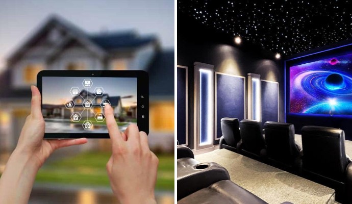 Collage showcasing smart home automation system and modern home theater Collage showcasing smart home automation system and modern home theater