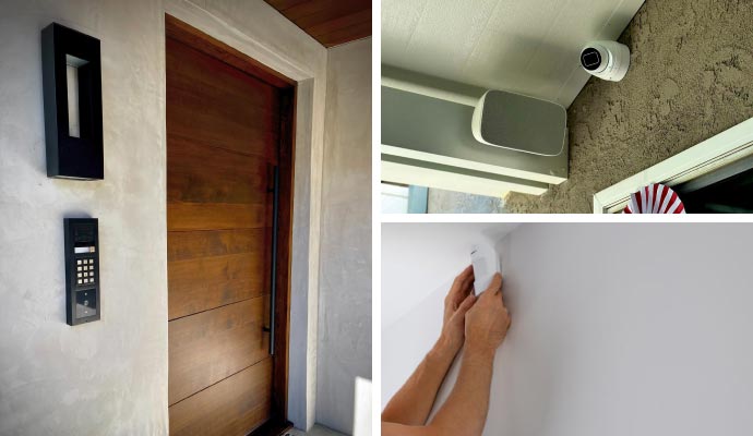 Collage of motion detection alarms cctv and automated door locks
