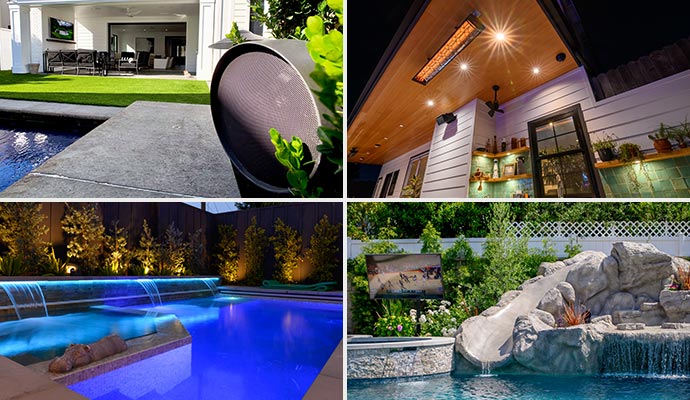 Collage of outdoor audio system, outdoor heater landscape lighting, and weatherproof tv