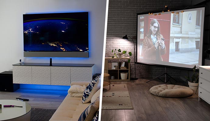 Collage of TV and projector installed in residential house
