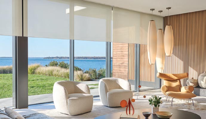 Modern living room with automated window shades