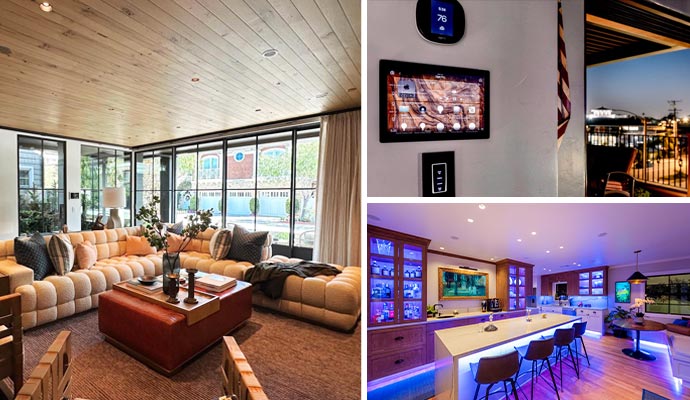 Collage of smart home interiors featuring a cozy living room, a wall-mounted control panel with thermostat and a modern bar area