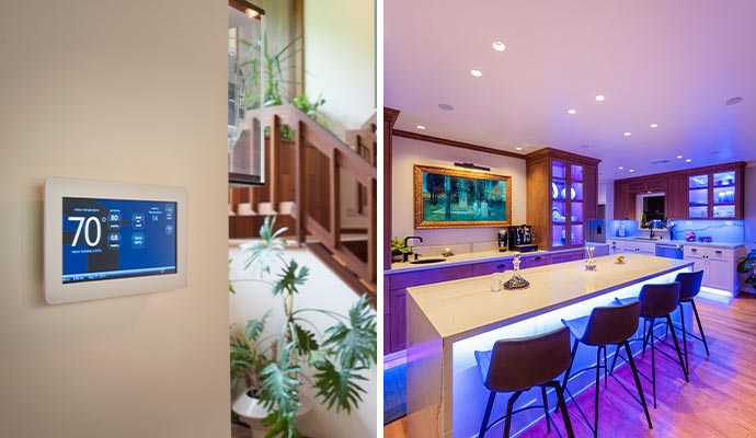 Collage of thermostat and kitchen lighting