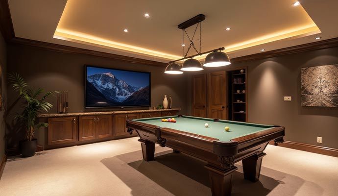 Elegant game room with pool table and ambient lighting