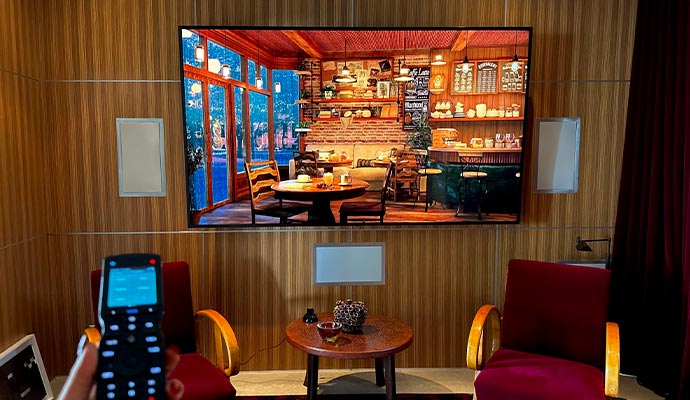 Modern living room with wall-mounted TV and a remote control for smart home audio-video integration