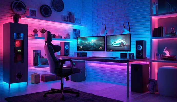 RGB gaming room with dual monitors and colorful ambiance