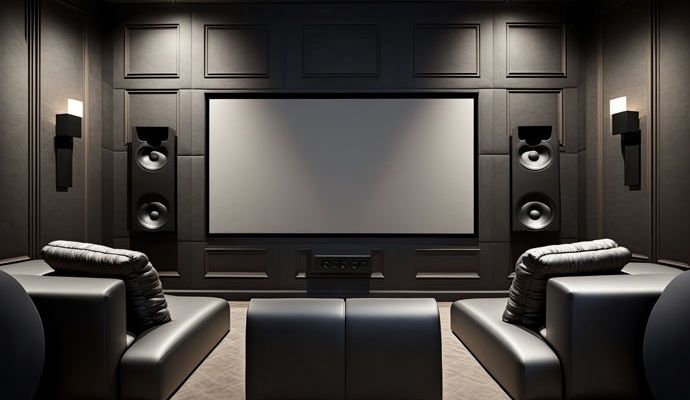 Luxury home theater with a large projection screen, surround speakers and plush seating in a dark, elegant room
