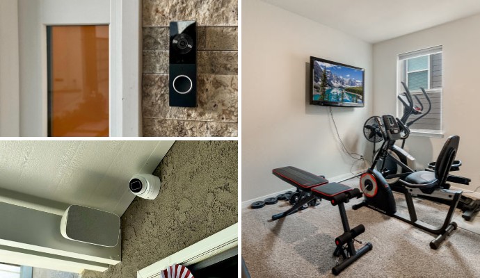 Collage of smart doorbell, home security camera, and modern home gym