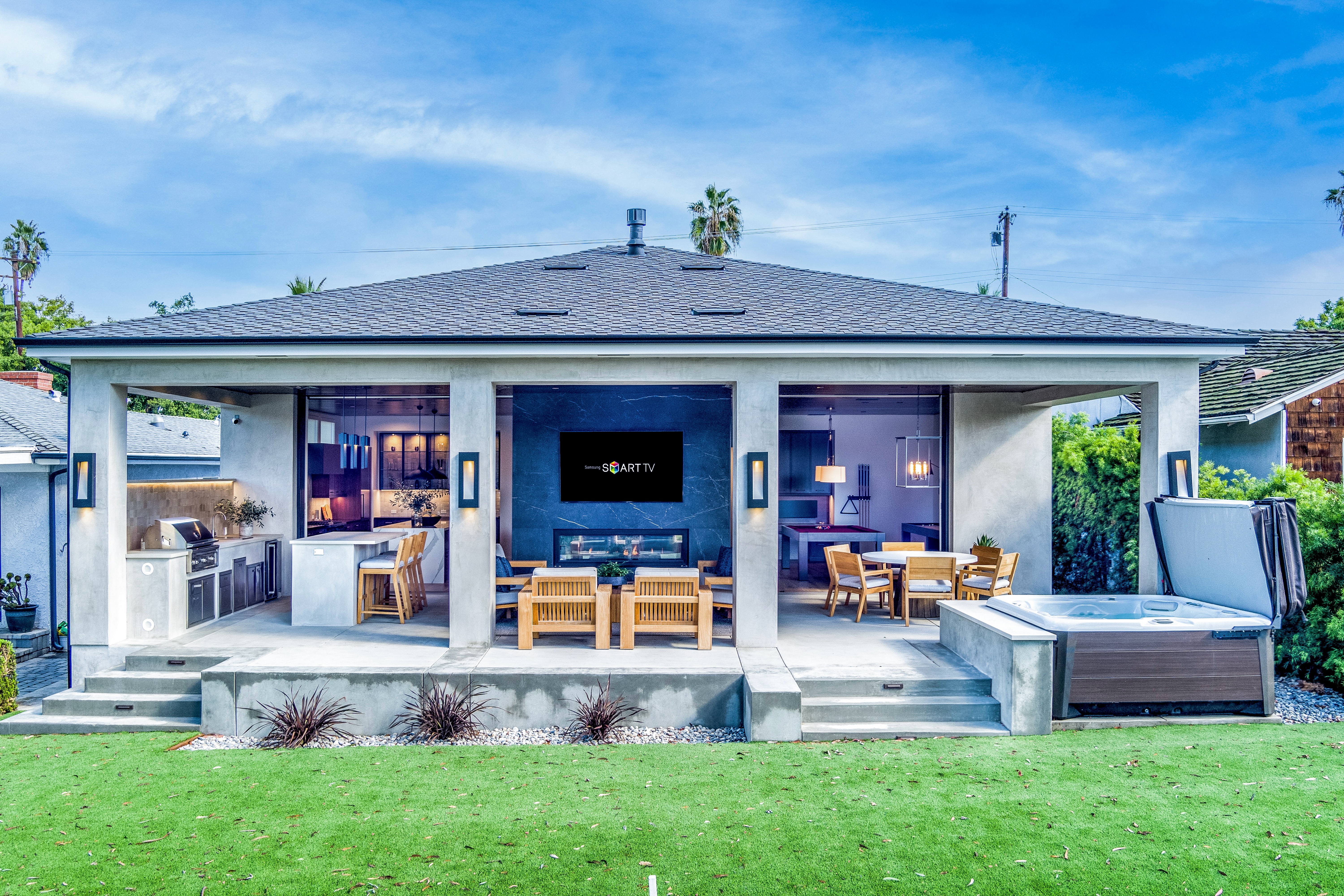 Samsung TV setup, complete with Google Nest cameras for reliable home security.