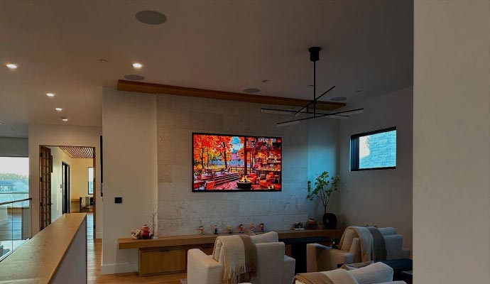 Modern living space with wall-mounted tv and integrated multi-room audio system