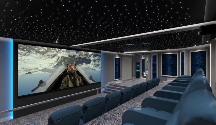 an elaborately decorated luxurious home theater room