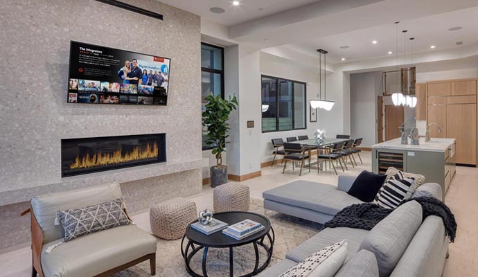 Modern living room with installed surround sound system