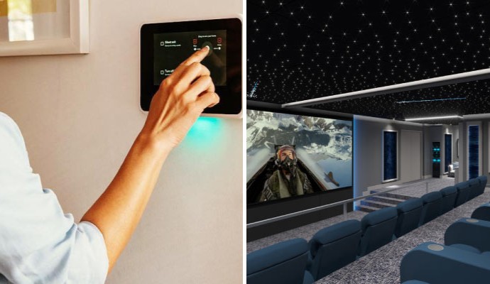 Collage of modern home automation system and high-end home theater